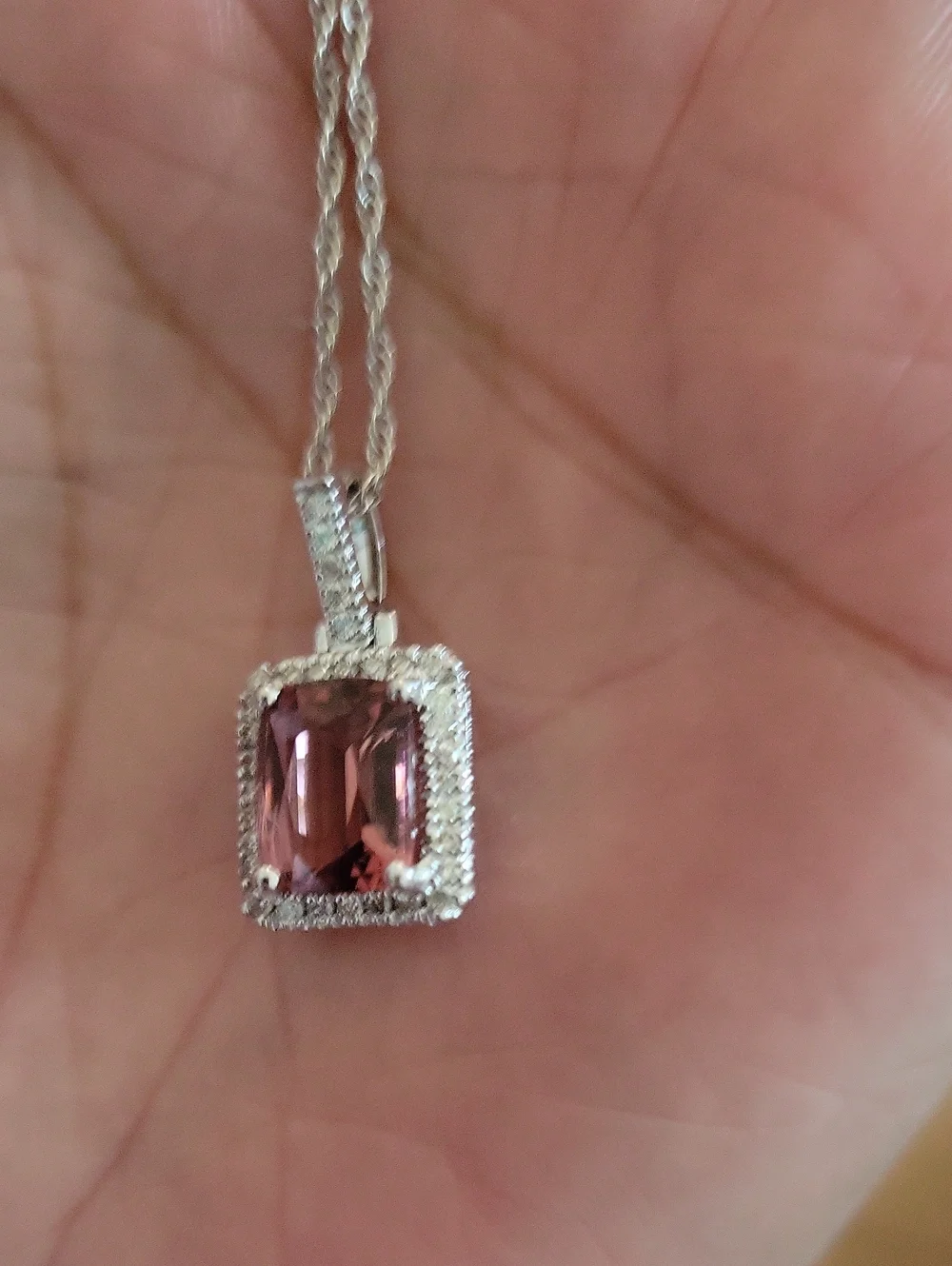 14k White Gold 4ct Pink Rubellite Diamond Halo Pendant Necklace